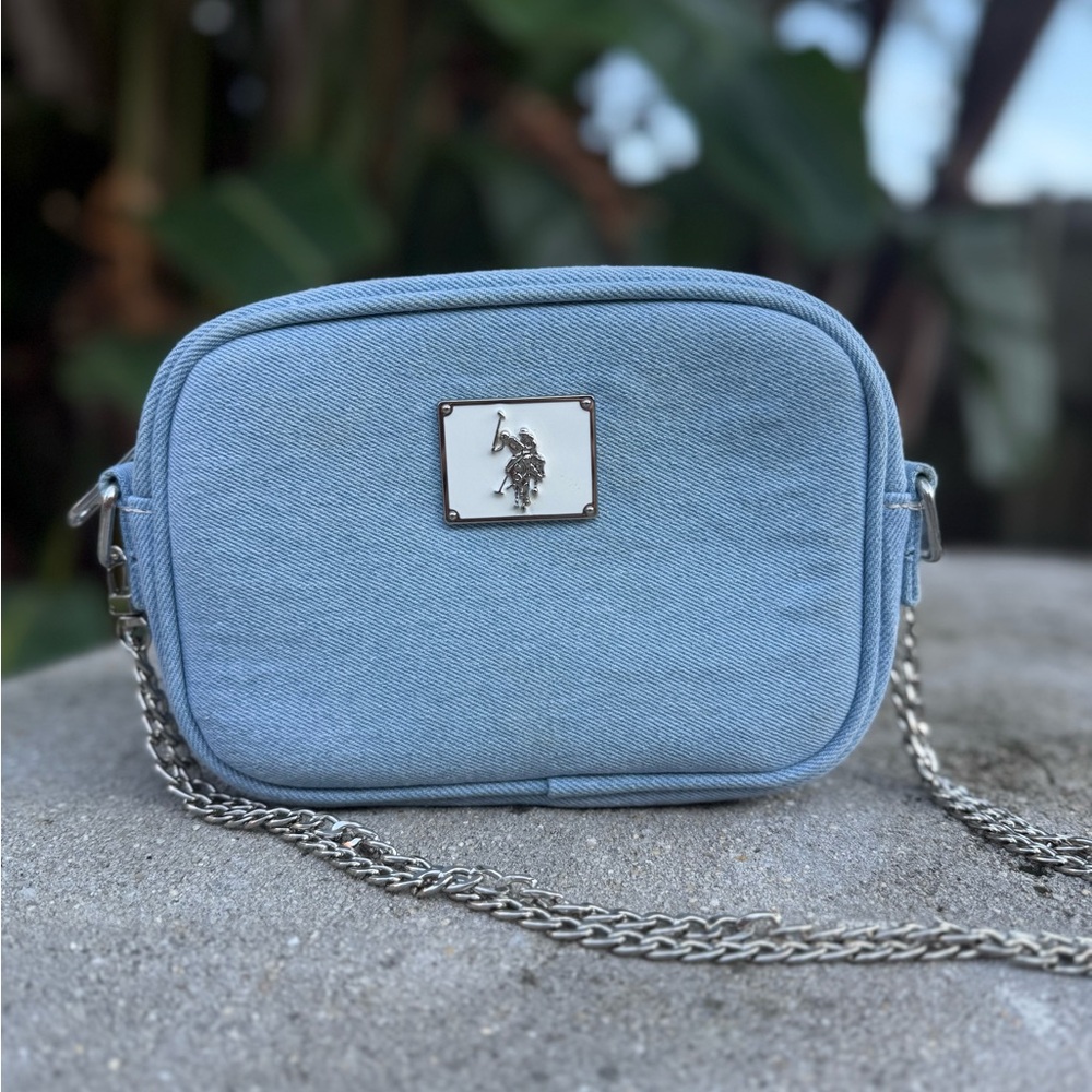 Blue Denim Crossbody Bag with Silver Chain Strap